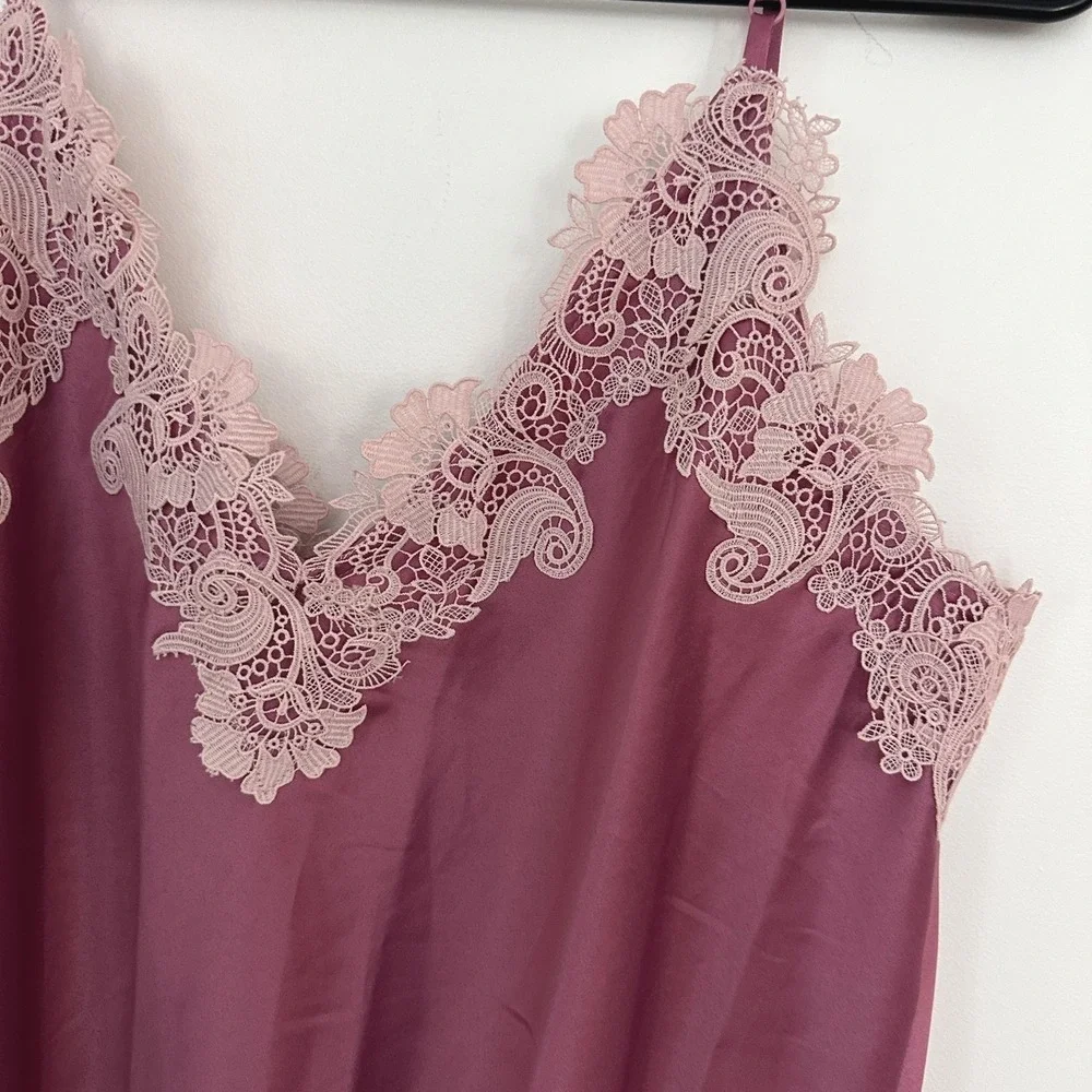 Anthropologie Camisole Womens Medium Pink Satin Lace Trim Tank Top Lingerie - Picture 2 of 4
